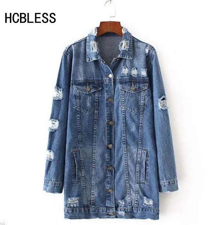 2017 Denim Jackets Women Hole Boyfriend Style Long Sleeve Vintage Jean jacket Denim jacket Loose Spring Autumn Denim Coat Jean