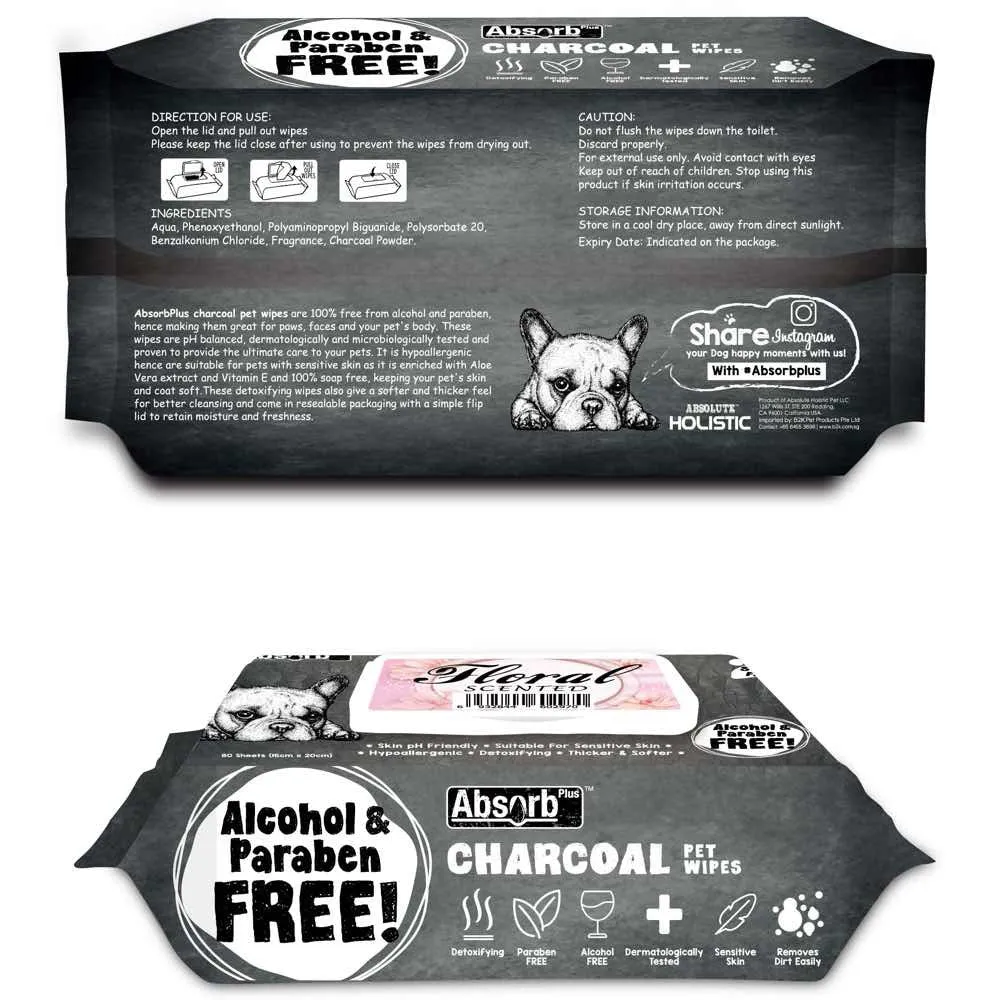 4 FOR $20: Absorb Plus Charcoal Floral Scented Pet Wipes 80ct