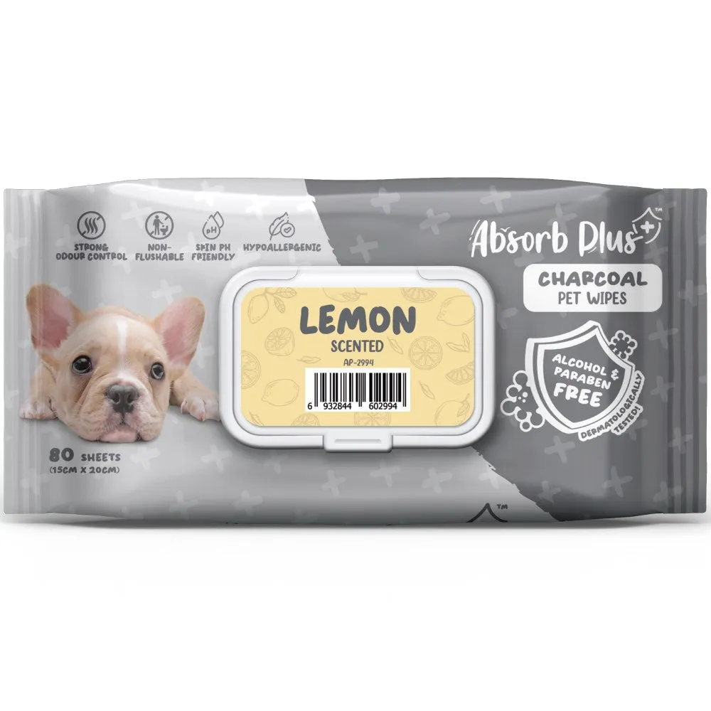 4 FOR $20: Absorb Plus Charcoal Lemon Scented Pet Wipes 80ct