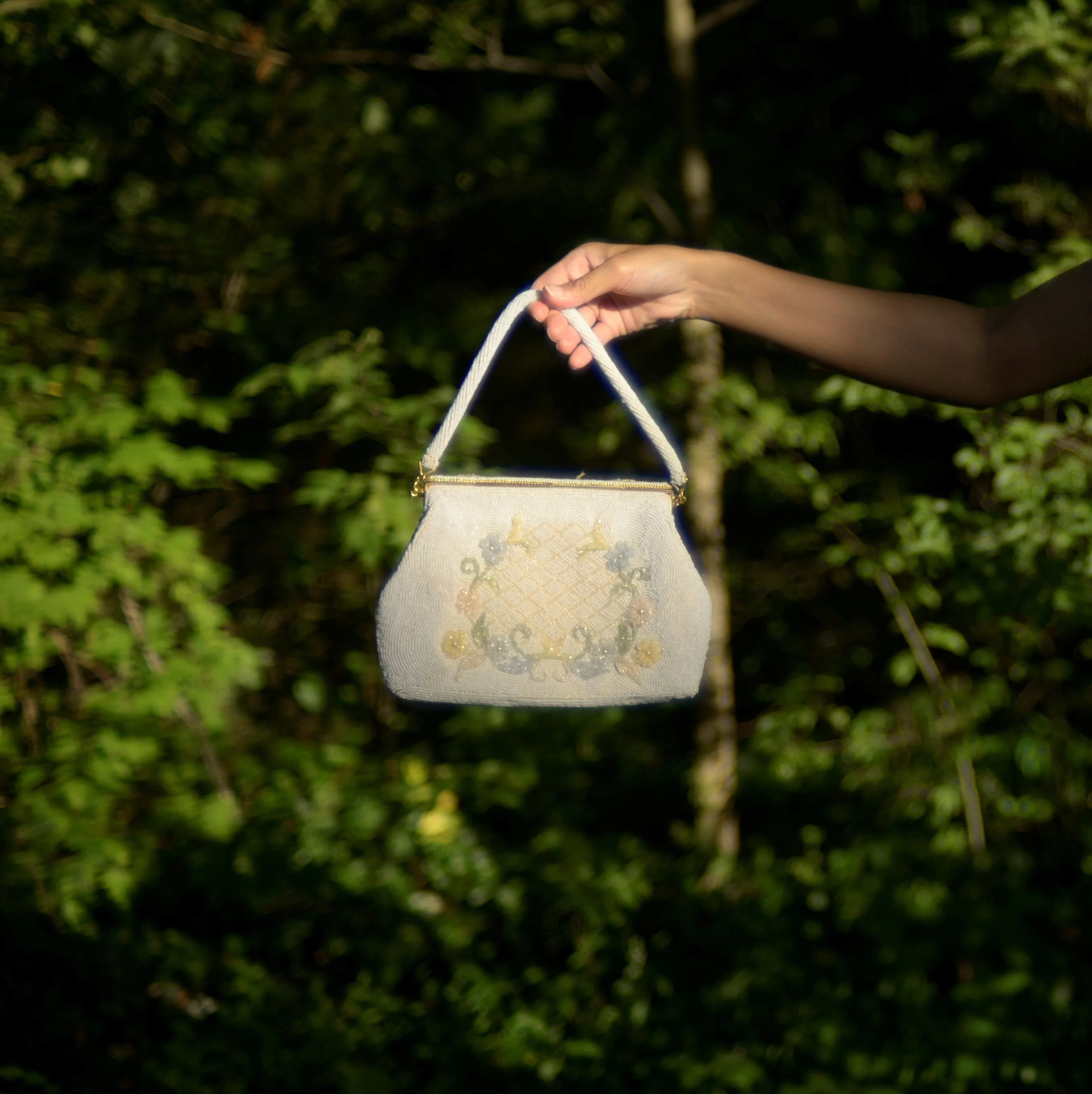 60s beaded pastel floral formal handbag