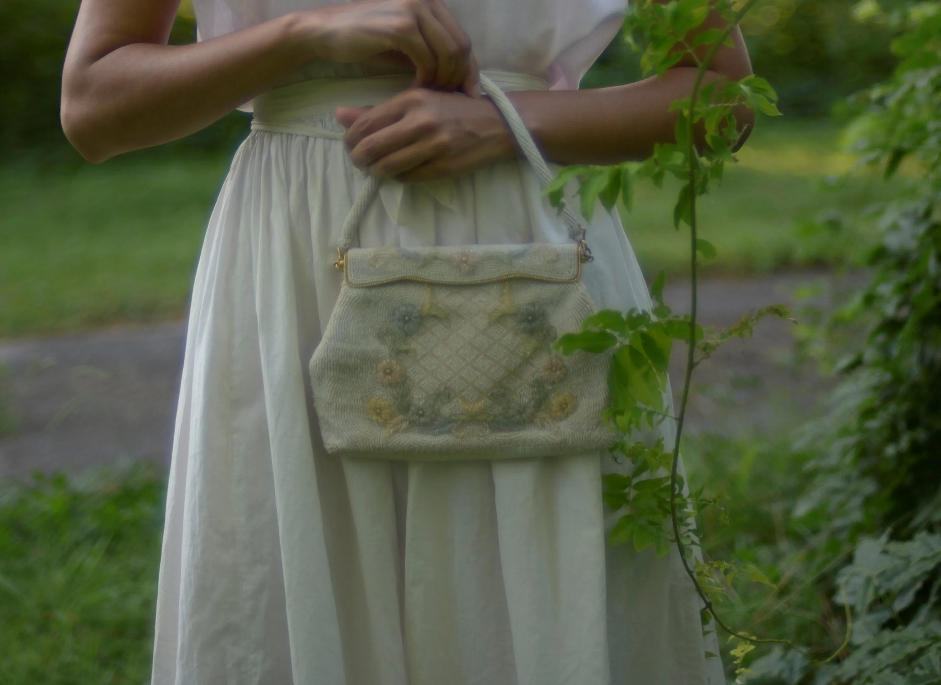 60s beaded pastel floral formal handbag