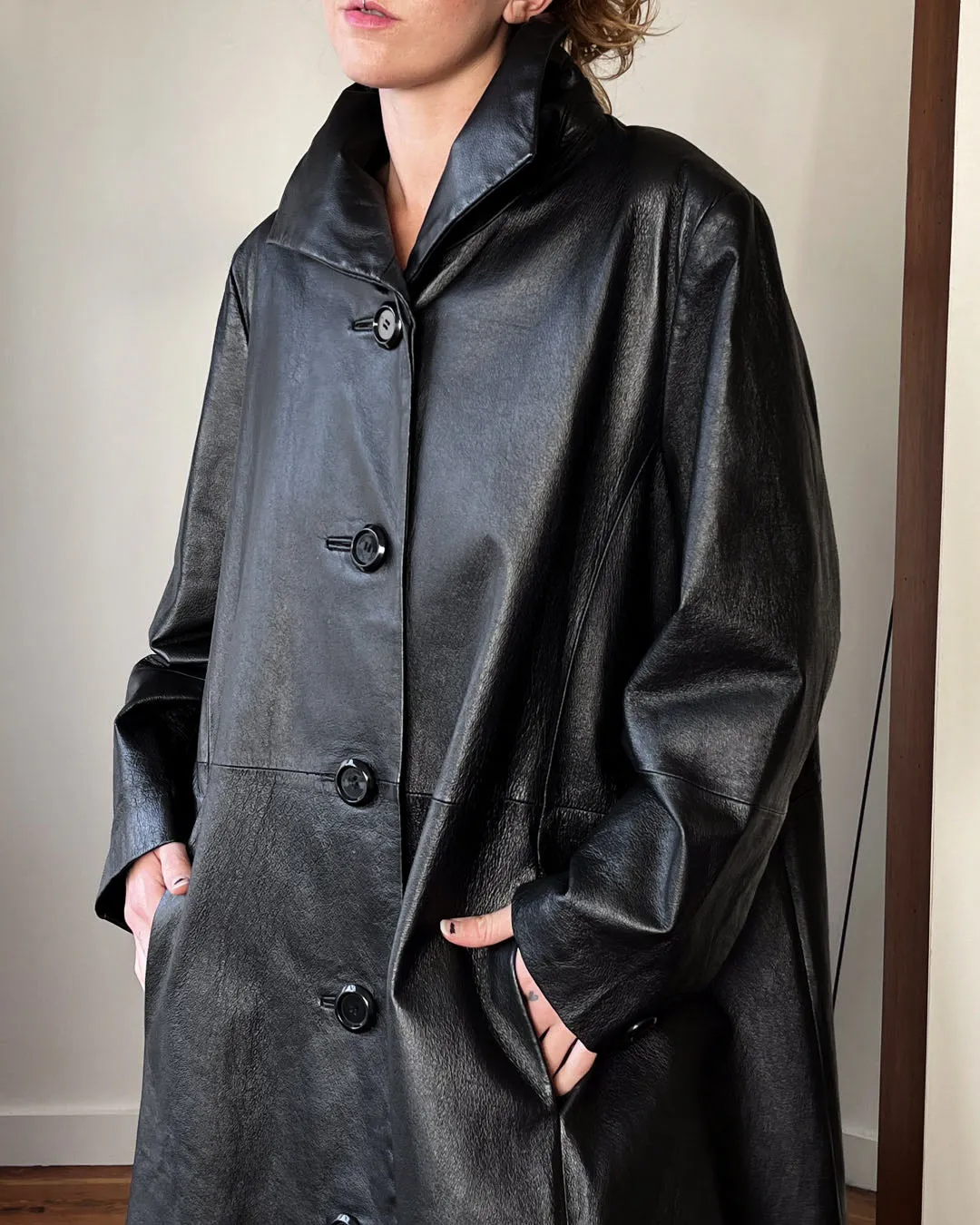 80s Black Leather Trapeze Coat | M-L