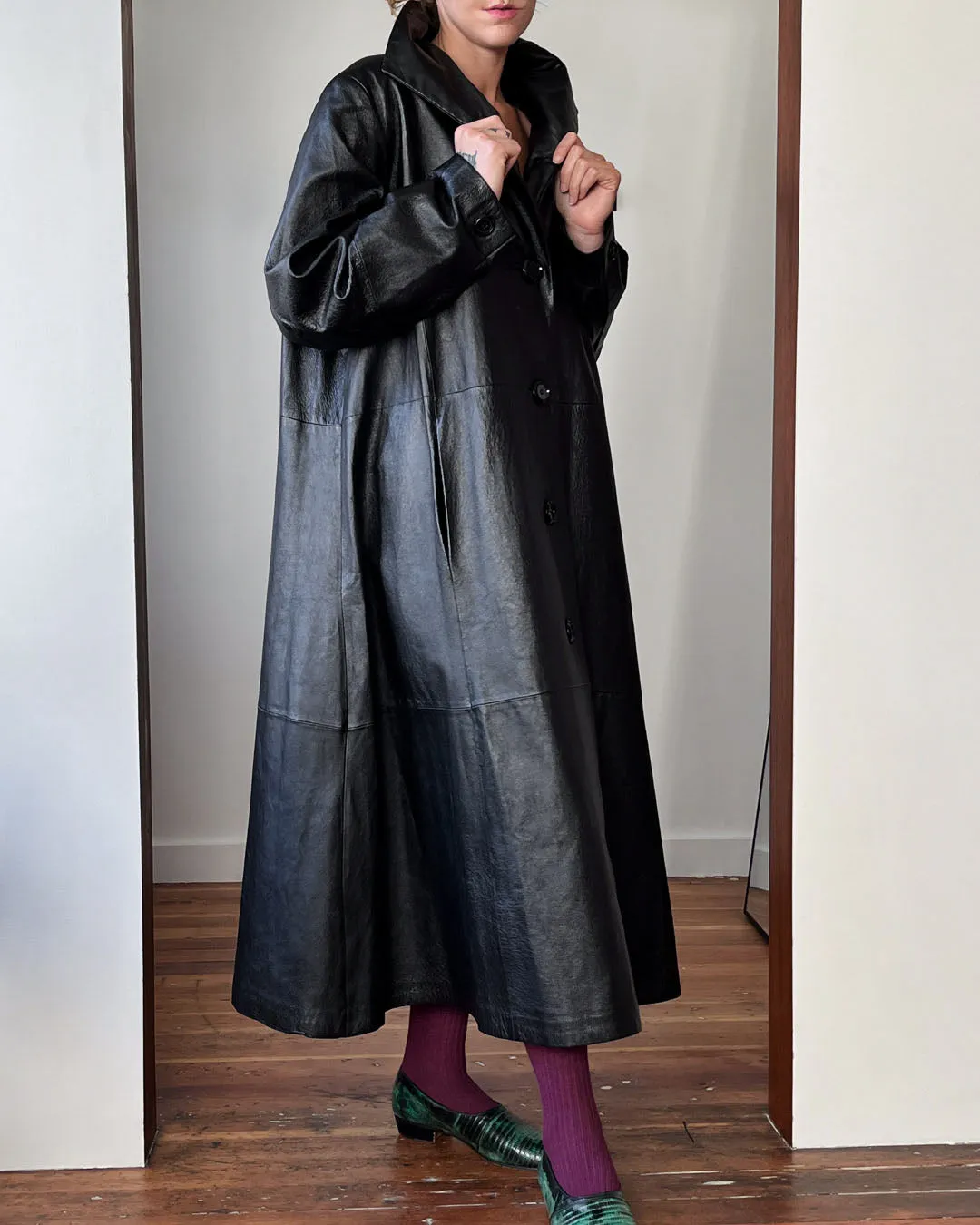 80s Black Leather Trapeze Coat | M-L