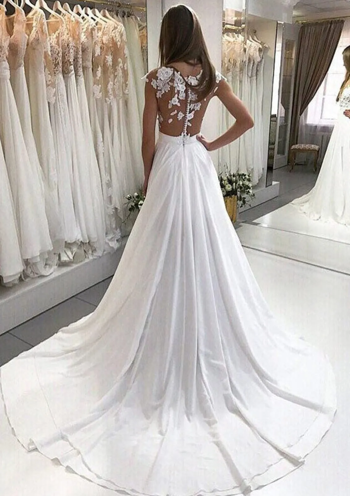 A-Line Bateau Floor Length Court Chiffon Wedding Dress, Lace