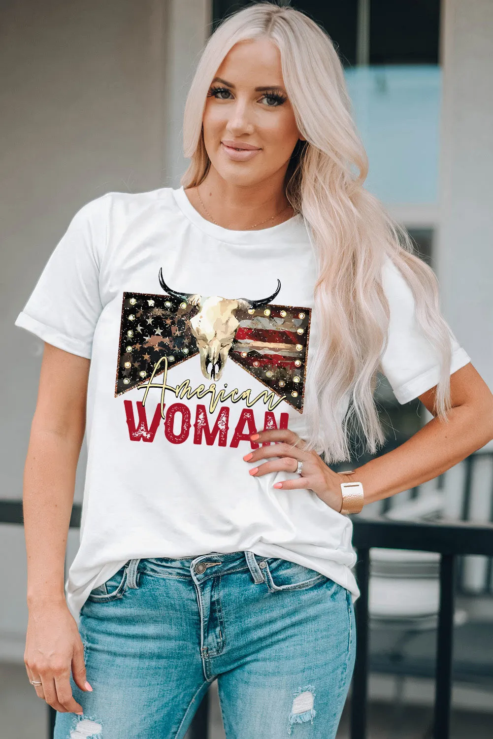 American Woman Bull Skull Print White Graphic Tee