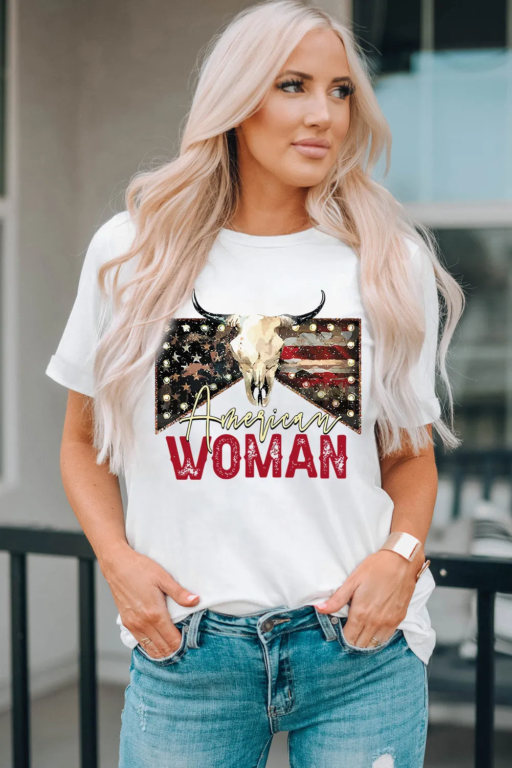 American Woman Bull Skull Print White Graphic Tee