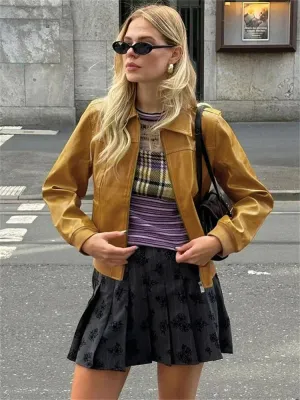 Amozae PU Vintage Patchwork Jackets Coat Female Lapel Long Sleeve Zipper Cropped Loose Streetwear Women's Autumn 2024 Outwear New