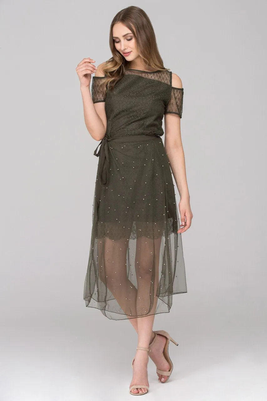 Army Green Lace Cold Shoulder Two Piece Dress