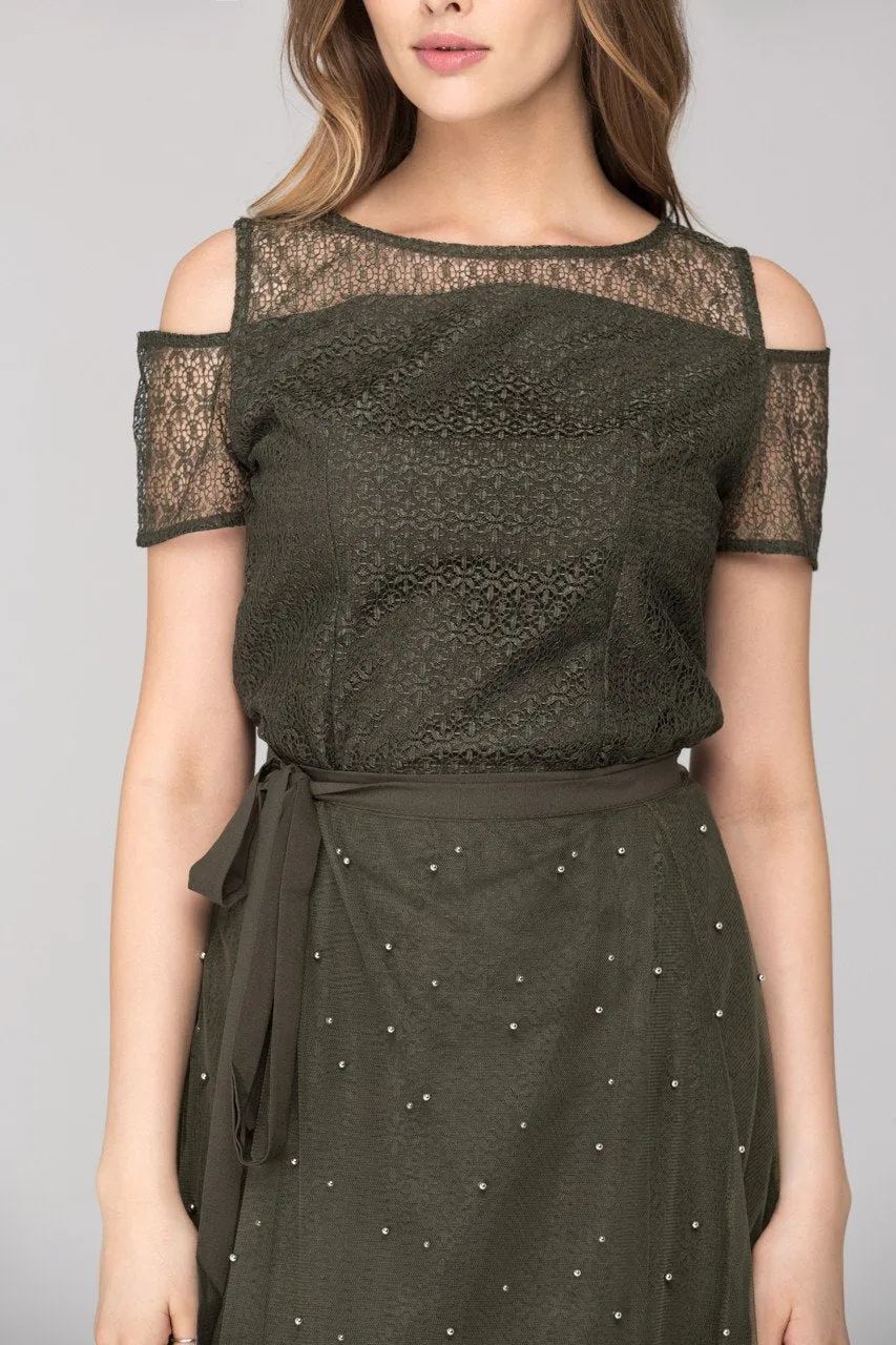 Army Green Lace Cold Shoulder Two Piece Dress