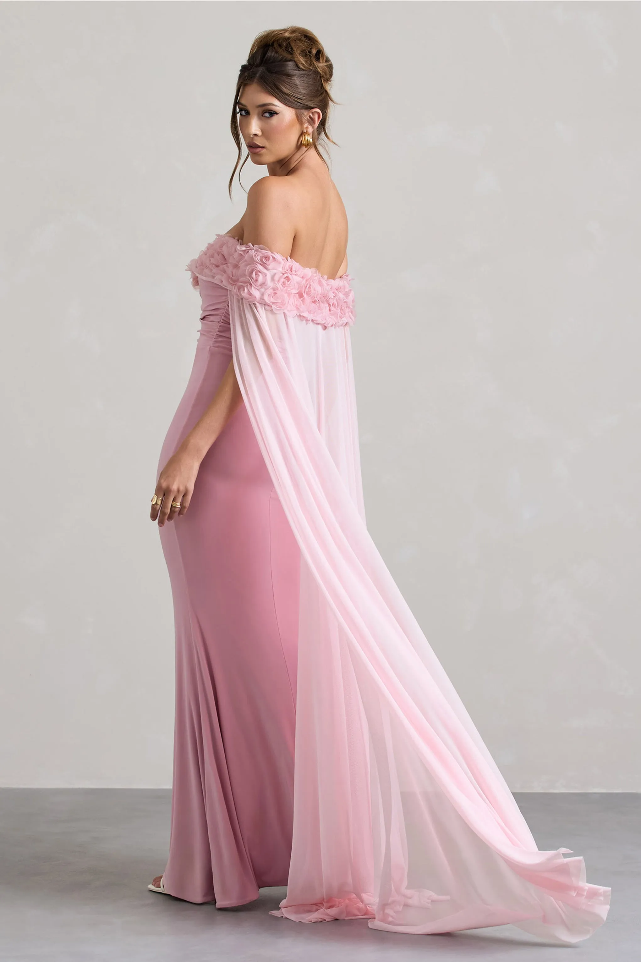 Avant Garde | Blush Pink Floral Bardot Fishtail Maxi Dress With Mesh Cape