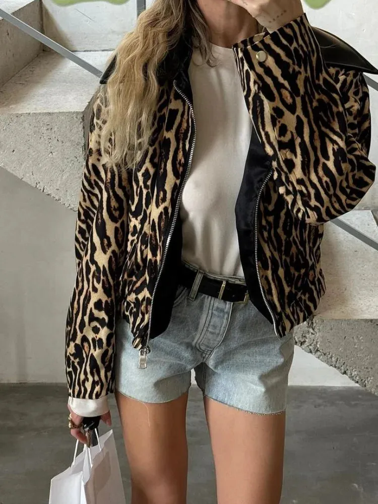 Back To School Joskaa Chic Leopard Print Vintage Lapel Women's Jacket Fashion Zipper Long Sleeved Casual Outerwear 2024 Ladies Autumn High Street Coat