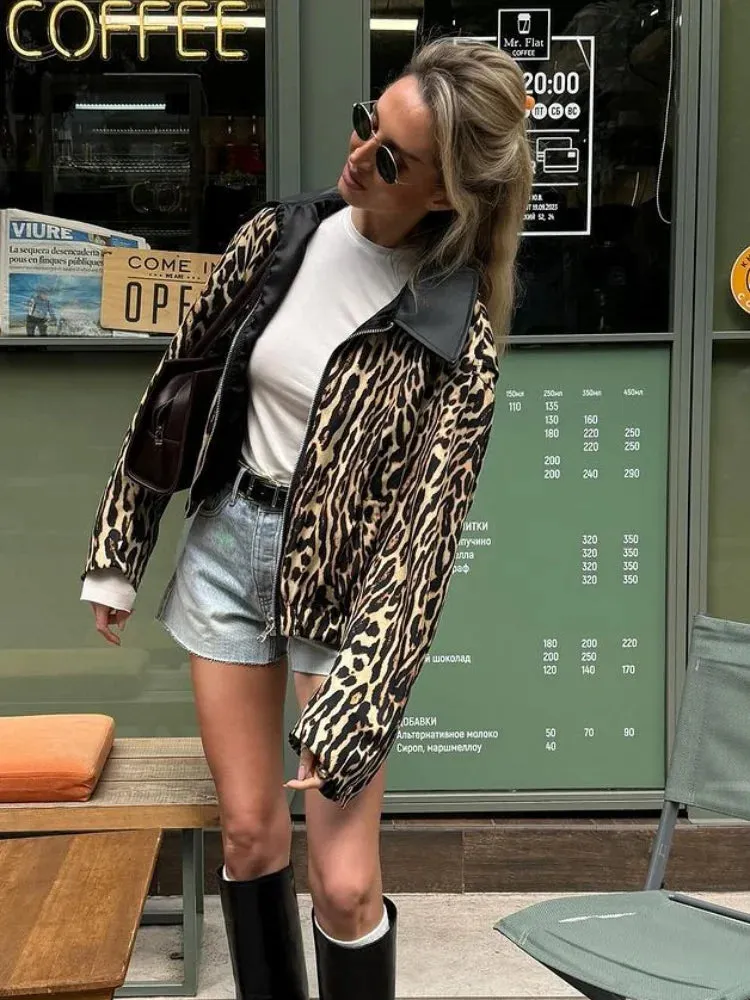 Back To School Joskaa Chic Leopard Print Vintage Lapel Women's Jacket Fashion Zipper Long Sleeved Casual Outerwear 2024 Ladies Autumn High Street Coat