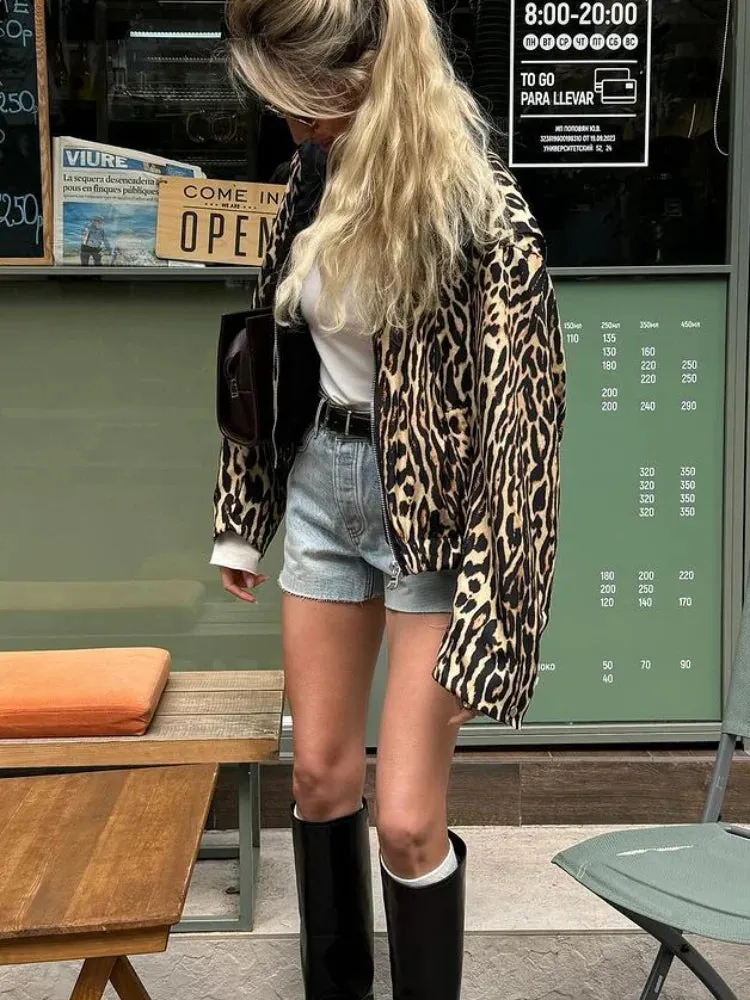 Back To School Joskaa Chic Leopard Print Vintage Lapel Women's Jacket Fashion Zipper Long Sleeved Casual Outerwear 2024 Ladies Autumn High Street Coat