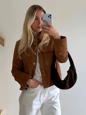 Back To School Joskaa Fashion Brown Lapel Single Breasted Demi-season Jacket For Women Vintage Long Sleeves Suede Jackets 2024 Lady Casual Street Coat