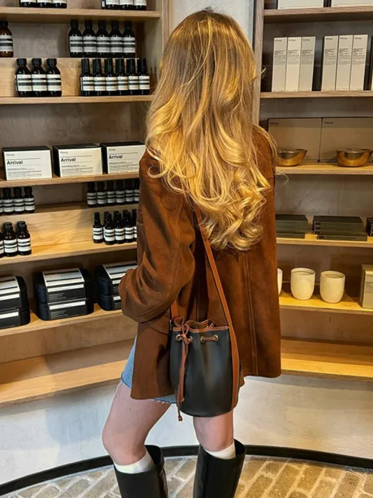 Back To School Joskaa Vintage Brown Single Breasted Women's Lapel Jacket With Pocket Casual Long Sleeve Coat 2024 Autumn Lady Chic Street Outerwear