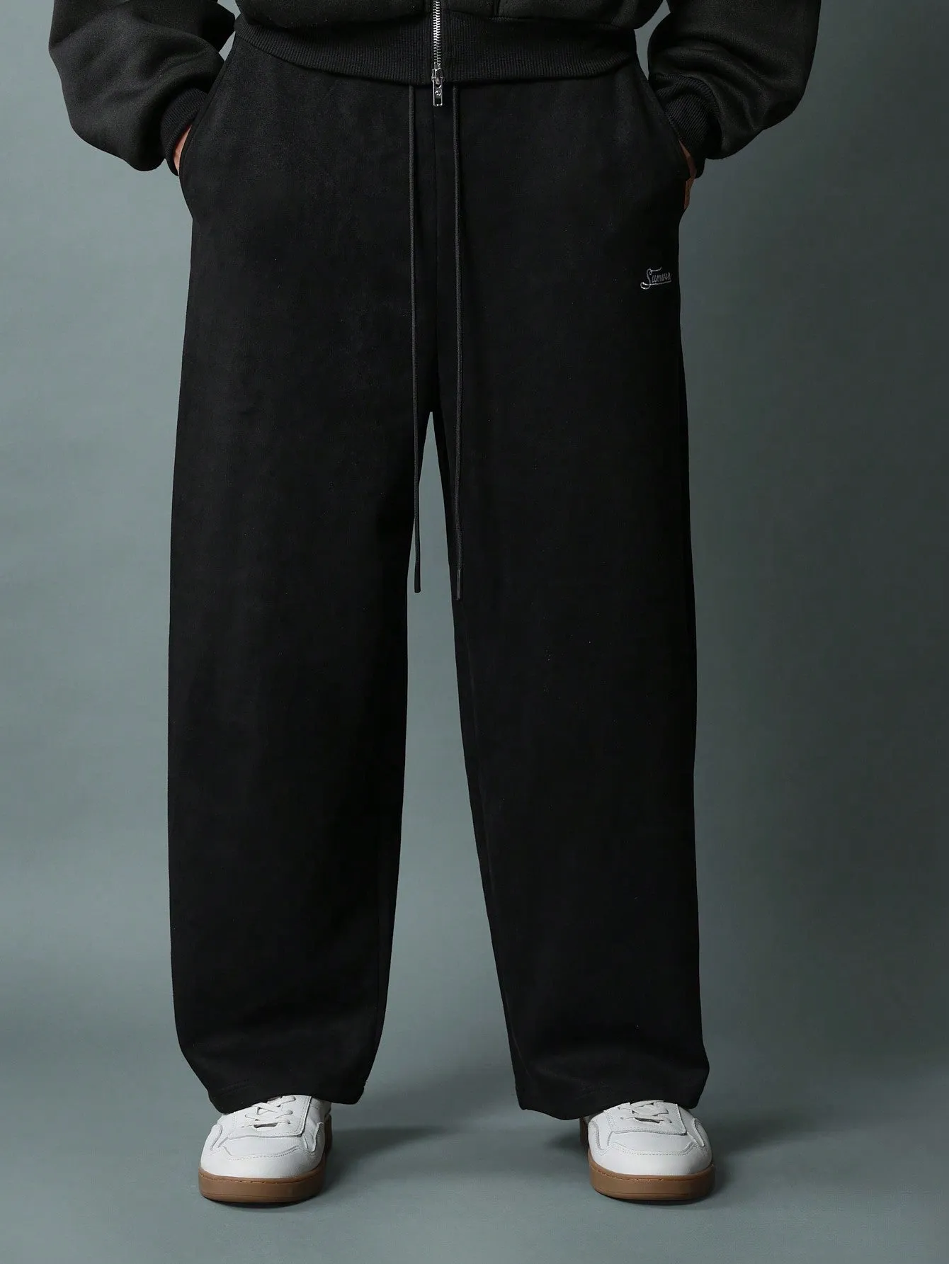 Barrel Fit Suedette Sweatpants With Small Embroidery