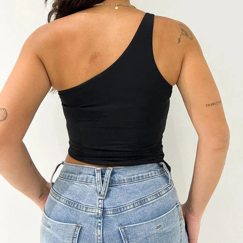 Basic One Shoulder Backless Crop Top White Black Asymmetrical Tank Top