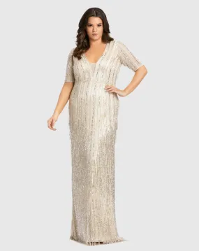 Beaded Fringe Short Sleeve Plunge Neck Gown