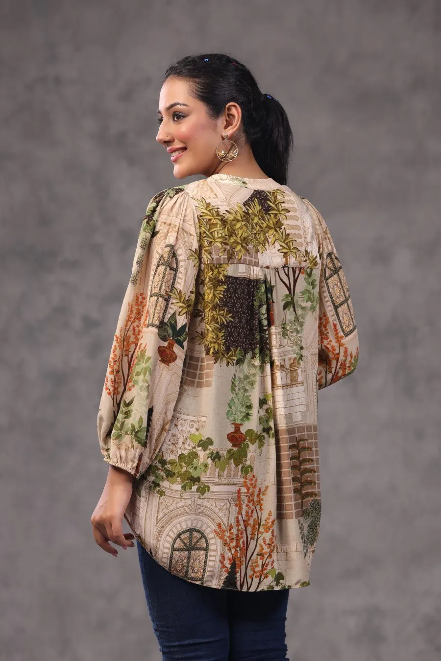 Beige Digital Printed Italian Crepe Top