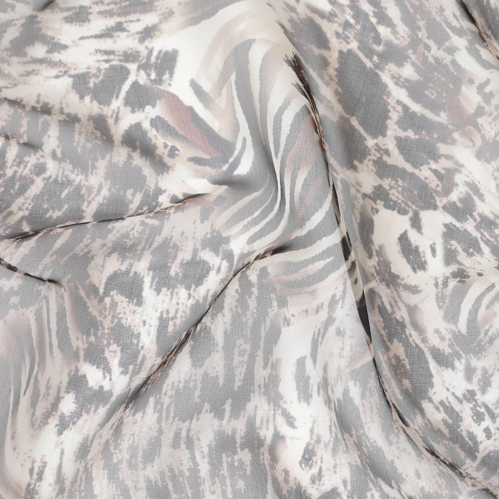 Beige silk chiffon fabric with dark brown and black digital prints in animal skin design - D9848