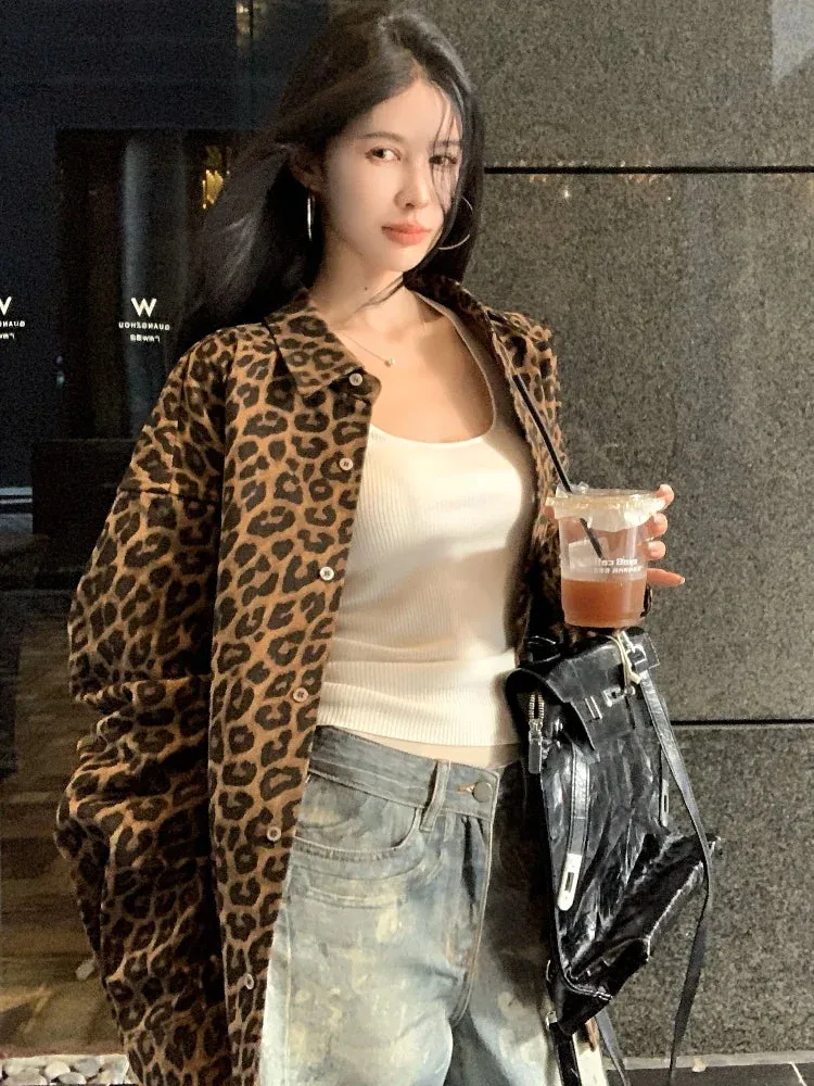 Black Friday Joskaa Vintage Leopard Print Jeans Blouses Female Harajuku Button Up Long Shirt Women Retro Polo Long Sleeve Autumn Coat Tops