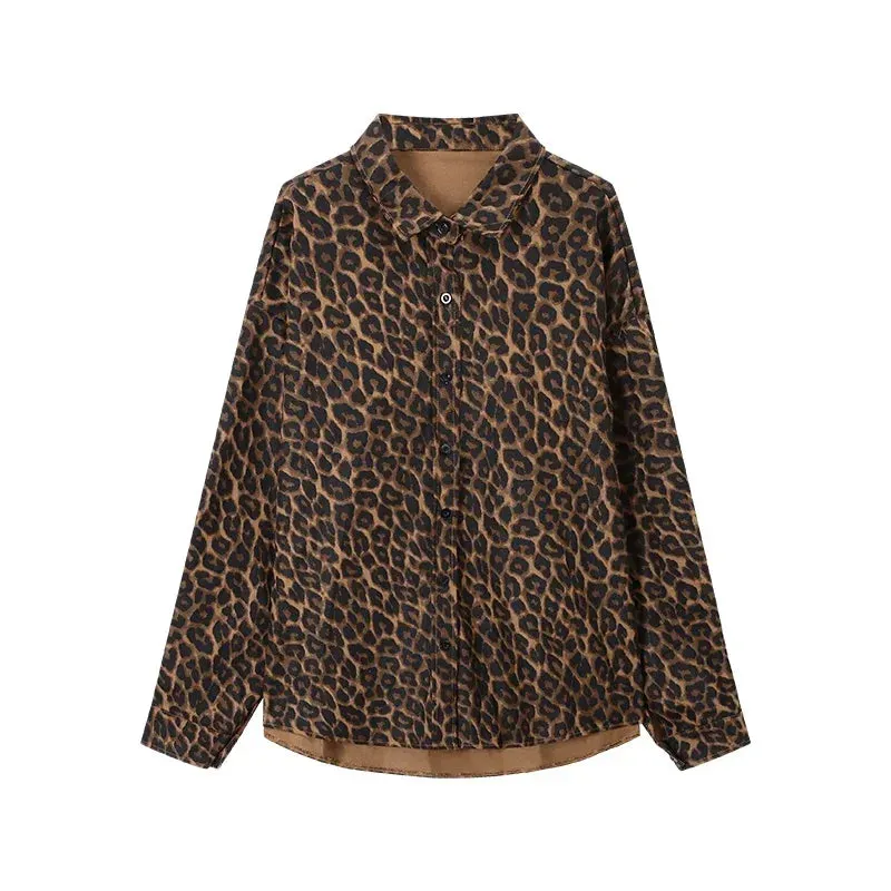 Black Friday Joskaa Vintage Leopard Print Jeans Blouses Female Harajuku Button Up Long Shirt Women Retro Polo Long Sleeve Autumn Coat Tops