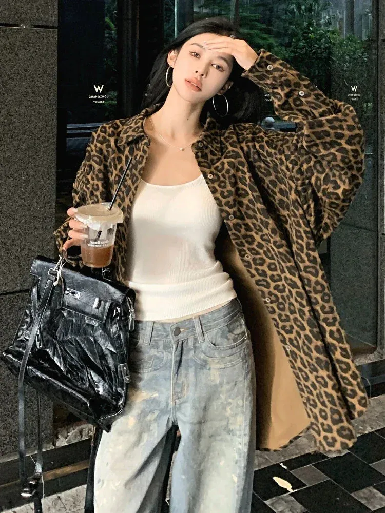 Black Friday Joskaa Vintage Leopard Print Jeans Blouses Female Harajuku Button Up Long Shirt Women Retro Polo Long Sleeve Autumn Coat Tops