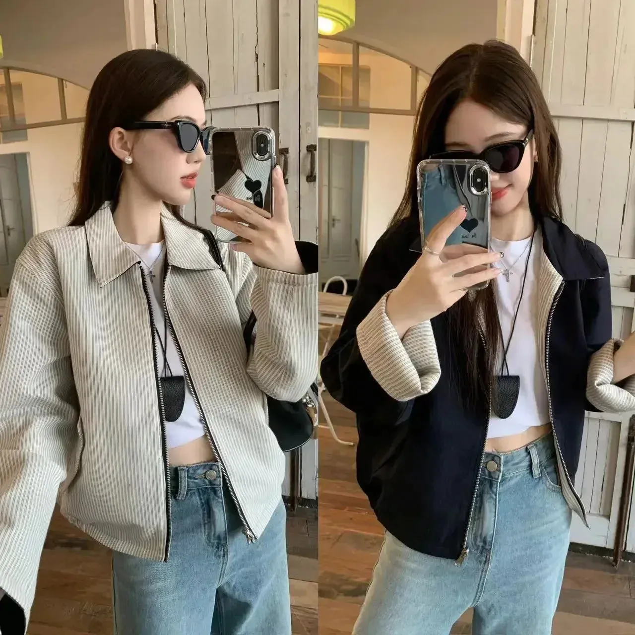 Black Friday Joskaa Vintage Striped Double Sided Jackets Women Harajuku Long Sleeve Zip Up Cropped Coat Autumn Korean Fashion Clothes Chic