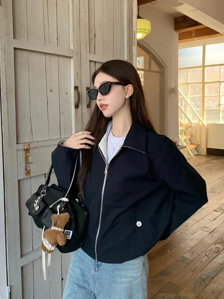 Black Friday Joskaa Vintage Striped Double Sided Jackets Women Harajuku Long Sleeve Zip Up Cropped Coat Autumn Korean Fashion Clothes Chic