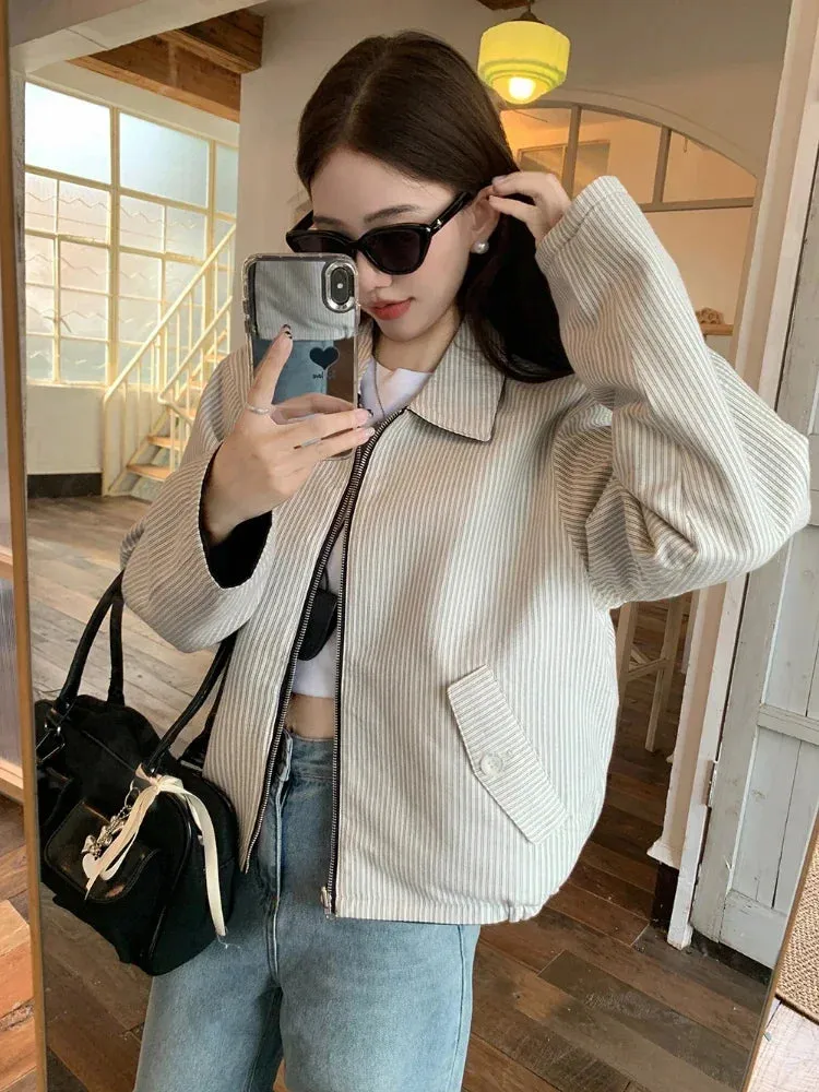 Black Friday Joskaa Vintage Striped Double Sided Jackets Women Harajuku Long Sleeve Zip Up Cropped Coat Autumn Korean Fashion Clothes Chic