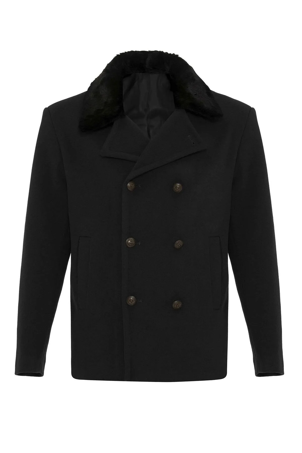 Black Fur Collar Double-Breasted Men's Coat - Wessi