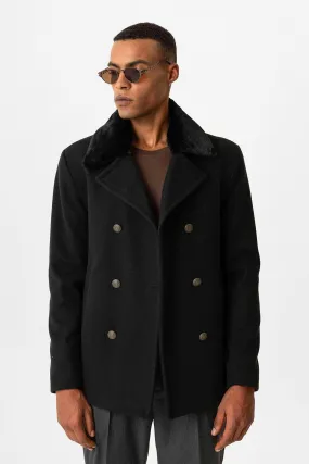 Black Fur Collar Double-Breasted Men's Coat - Wessi