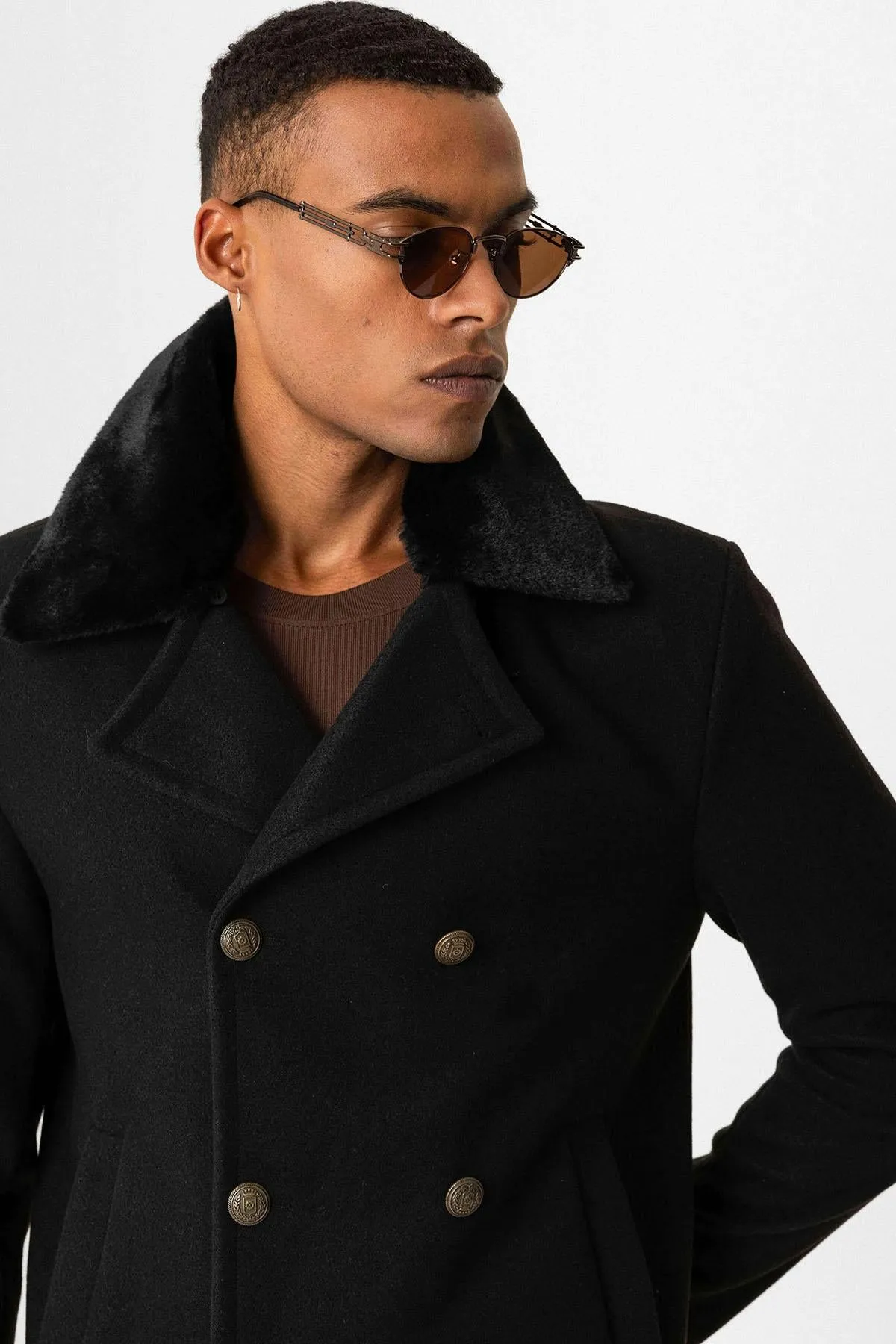 Black Fur Collar Double-Breasted Men's Coat - Wessi