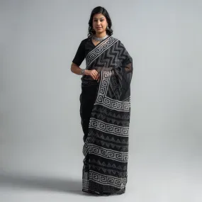 Black - Kota Doria Cotton Sanganeri Special Hand Block Prints Saree