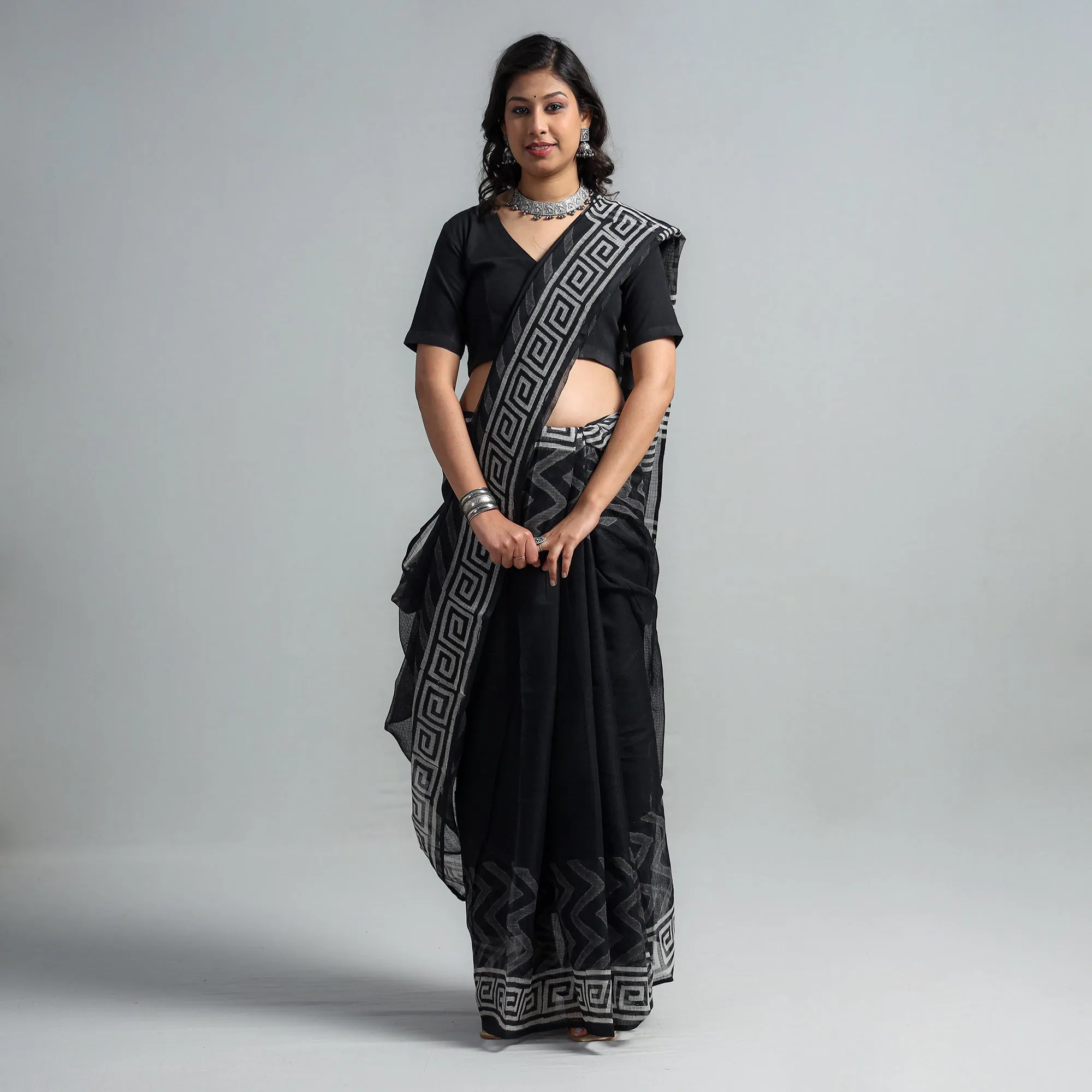 Black - Kota Doria Cotton Sanganeri Special Hand Block Prints Saree