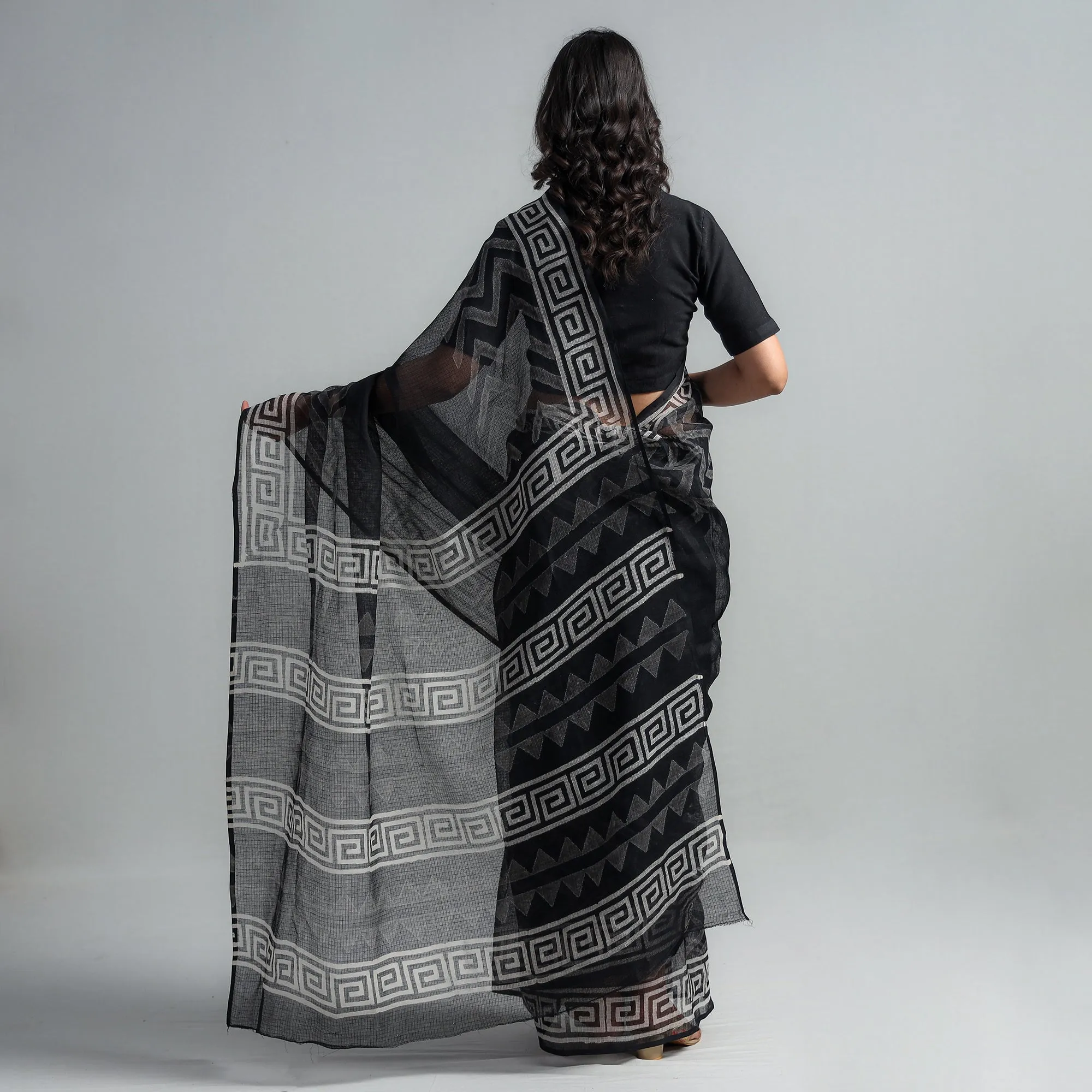 Black - Kota Doria Cotton Sanganeri Special Hand Block Prints Saree