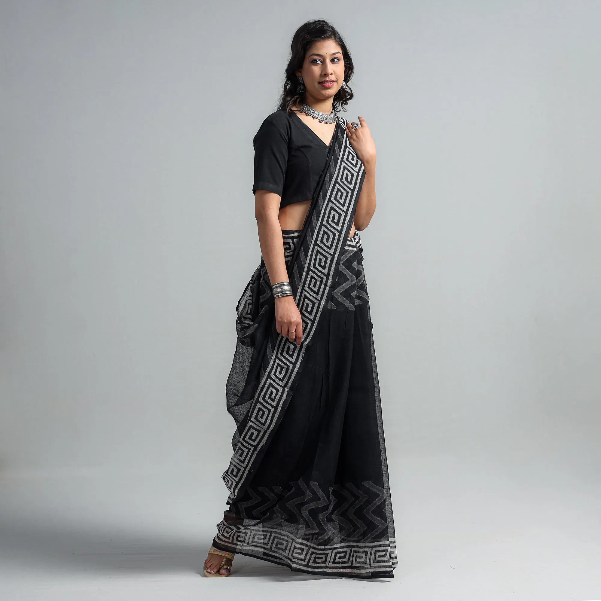 Black - Kota Doria Cotton Sanganeri Special Hand Block Prints Saree