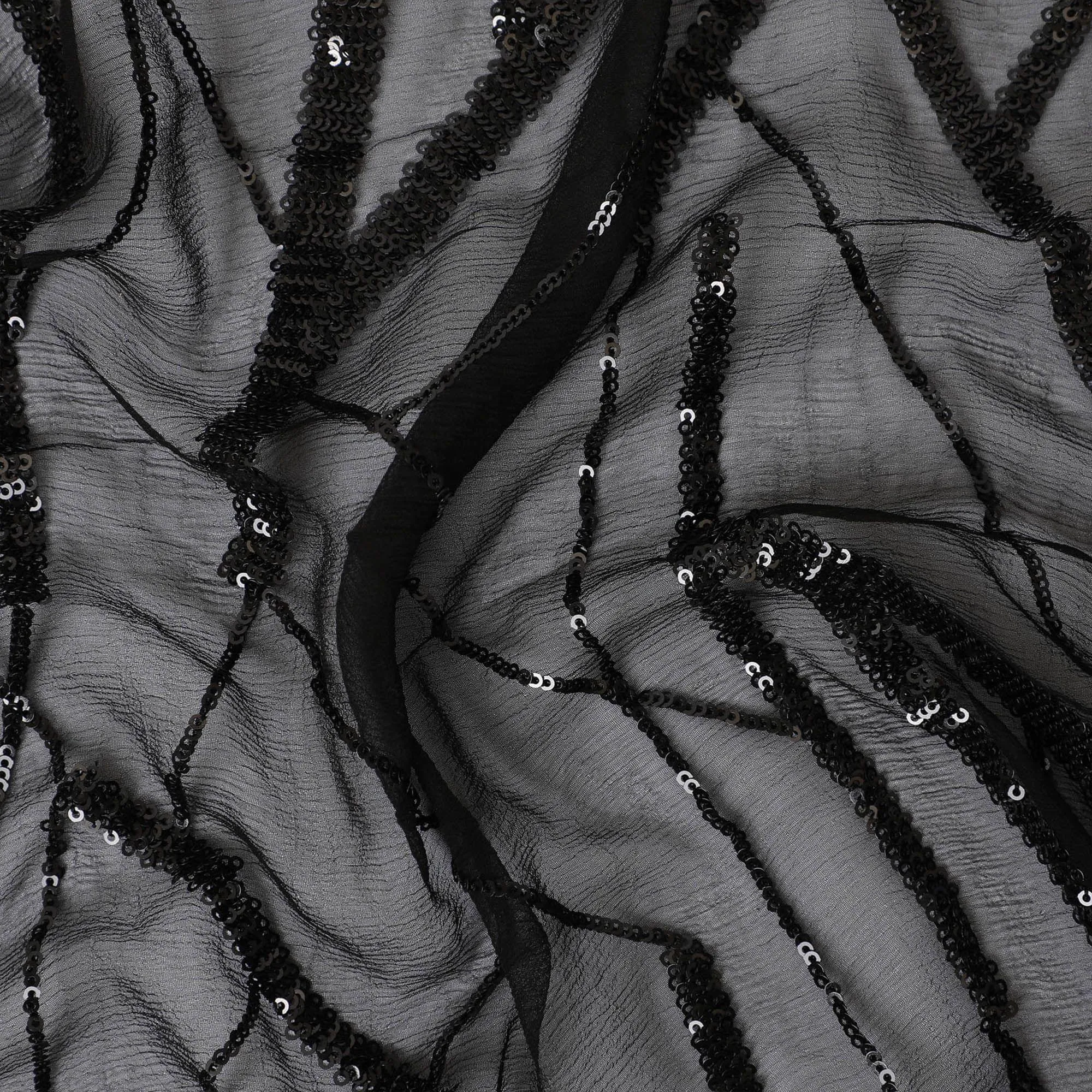 Black premium pure silk chiffon fabric with black sequin embroidery in abstract design-D13202