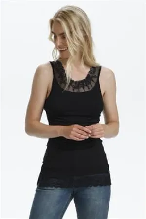 BLACK TANK TOP WITH LACE DETAIL ON HEM AND NECKLINE