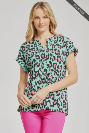 Blouse - Lizzie Dolman Short Sleeve Wrinkle Free, Mint/Pink Animal Print, Plus Size