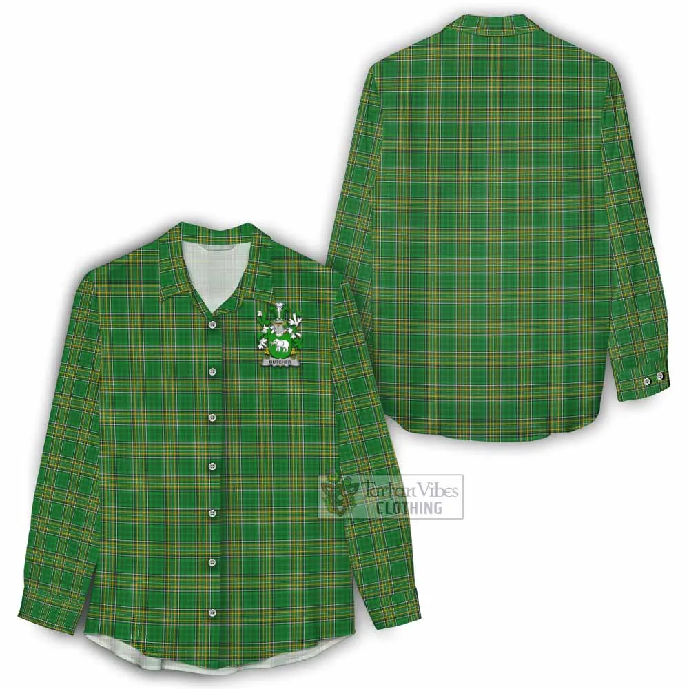 Butcher Irish Clan Tartan Women's Casual Shirt with Coat of Arms