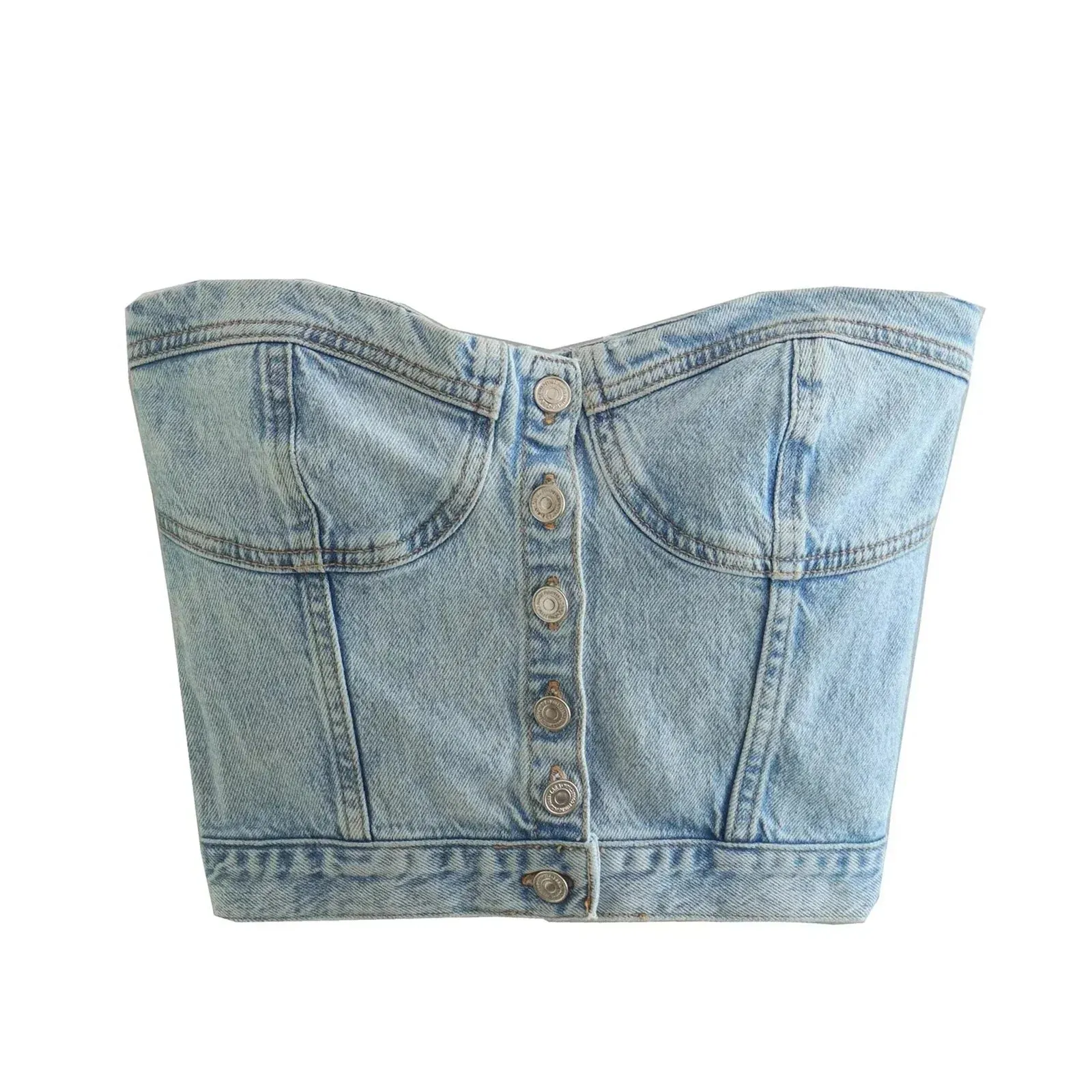 Button Down Denim Bustier Crop Top Strapless Jeans Corset Backles Push Up Tank Women's Top