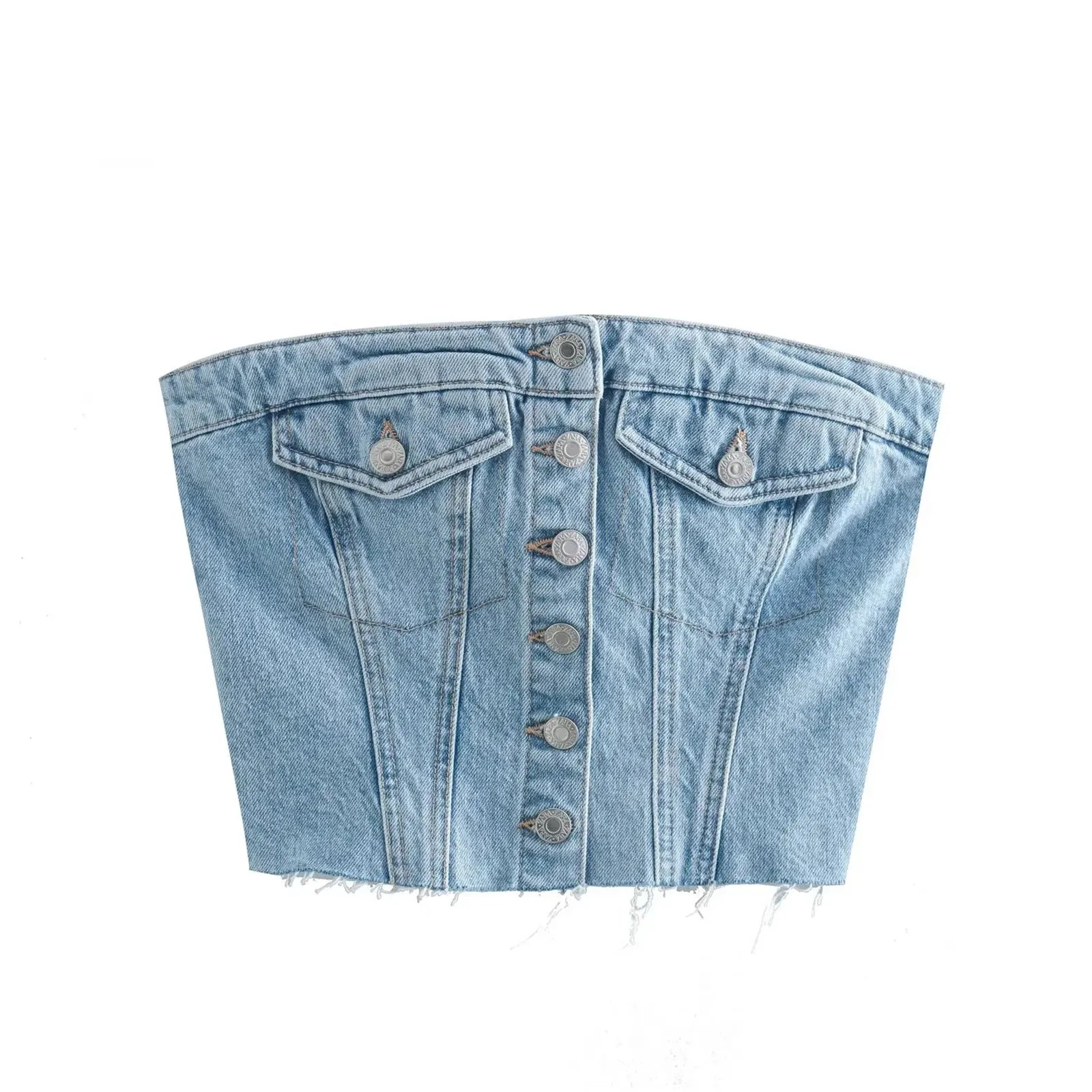 Button Down Denim Bustier Crop Top Strapless Jeans Corset Backles Push Up Tank Women's Top