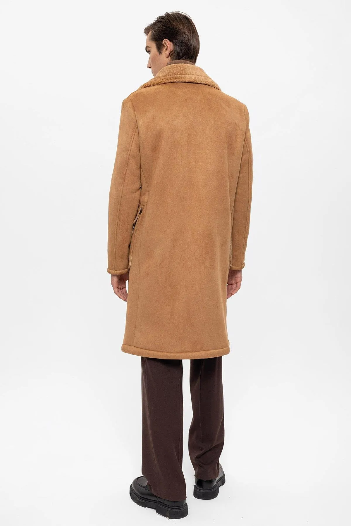 Camel Double-Breasted Closure Lining Detailed Men's Coat - Wessi