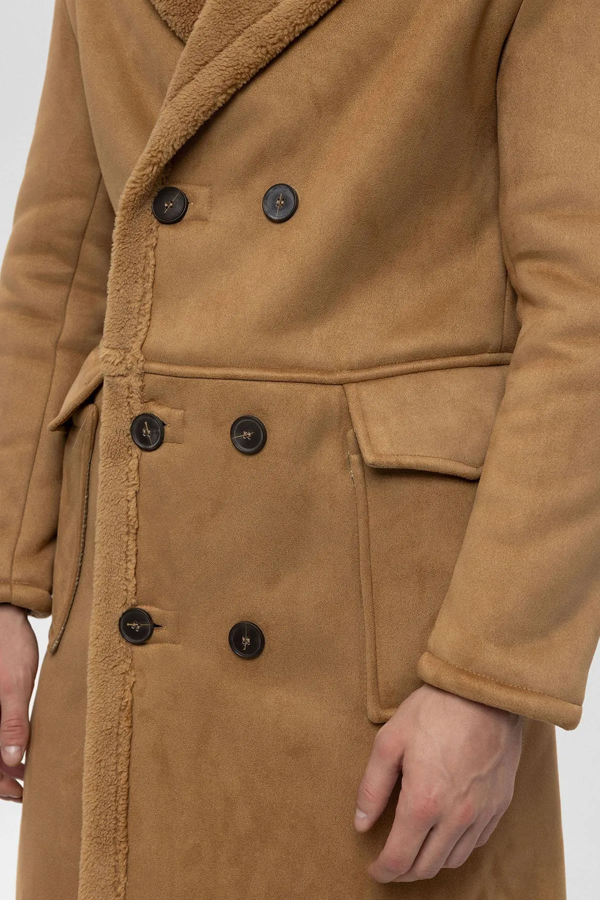 Camel Double-Breasted Closure Lining Detailed Men's Coat - Wessi