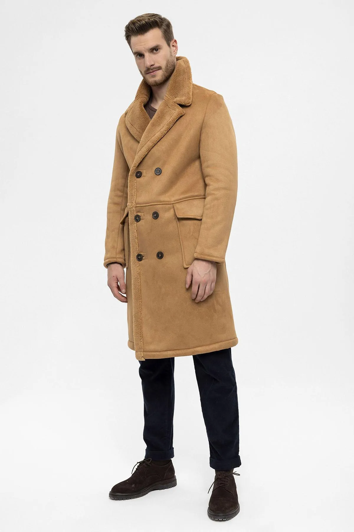 Camel Double-Breasted Closure Lining Detailed Men's Coat - Wessi