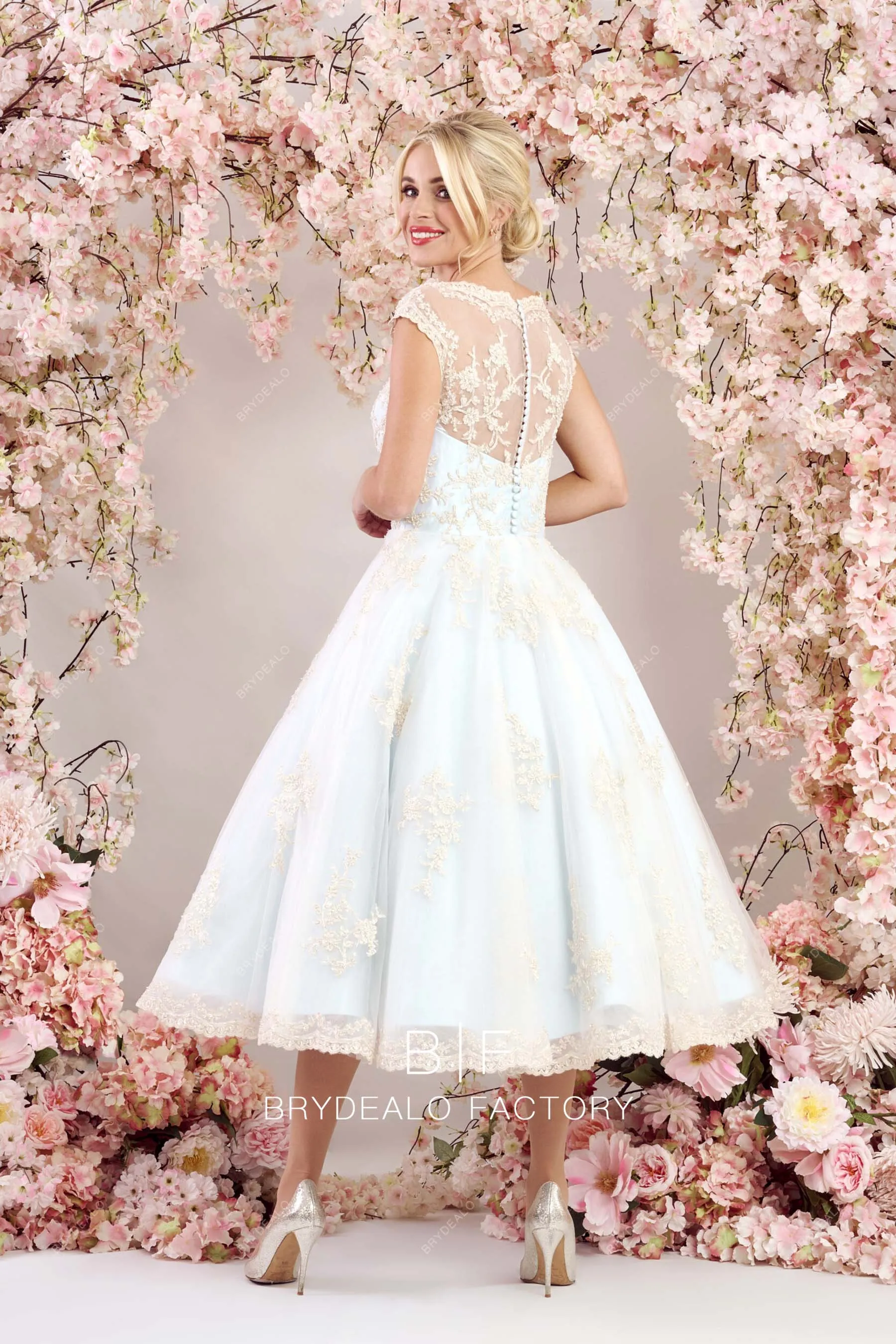 Champagne Lace Overlaid Blue Tea Length Informal Wedding Gown