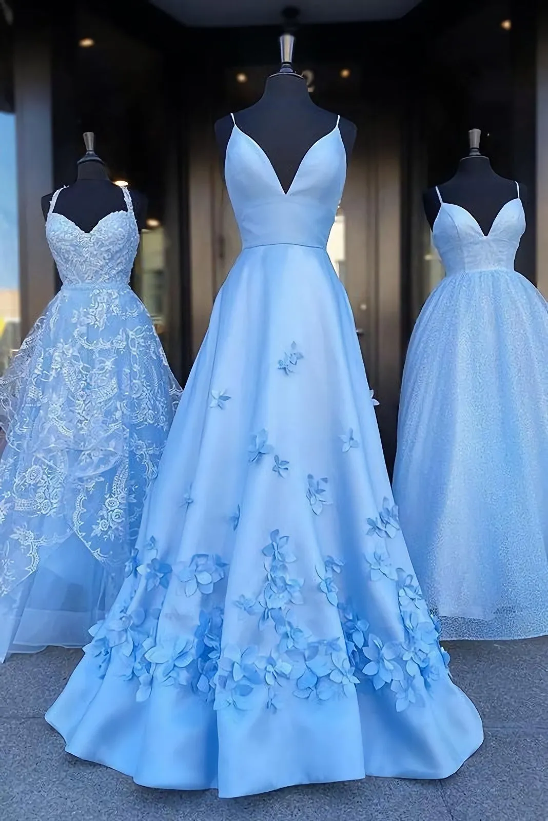 Charming Blue Spaghetti Straps V Neck Flowers Long Prom Dresses Satin Unique Formal Dresses