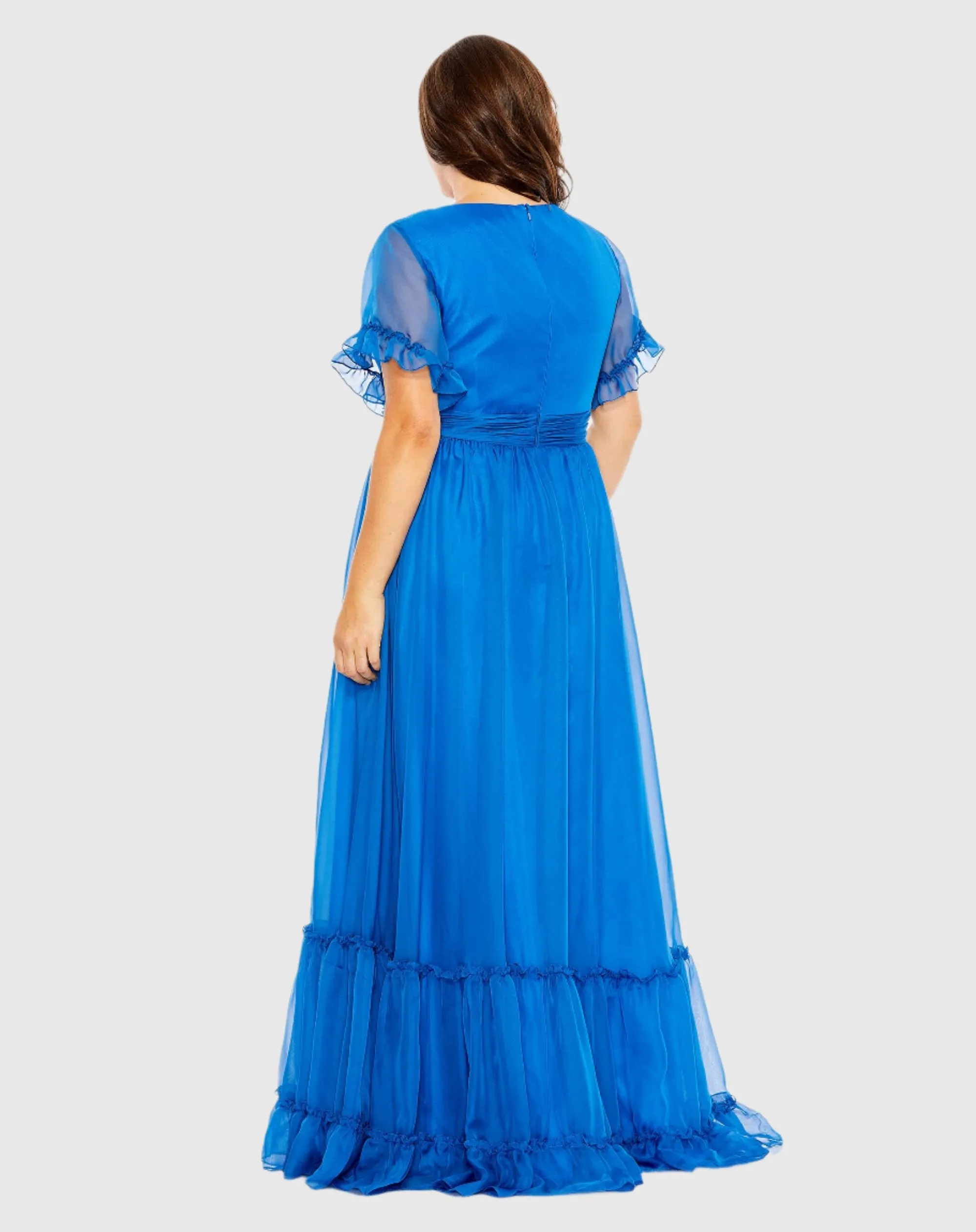 Chiffon Faux Wrap Flutter Sleeve Tiered Gown (Plus)