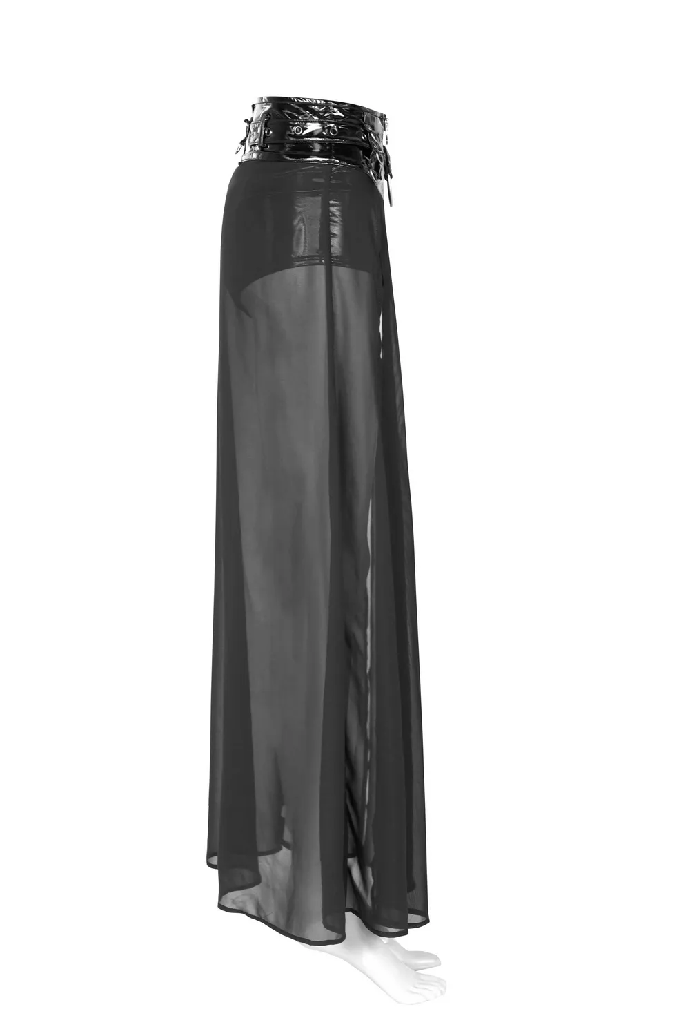 Chiffon Overlaid Punk Half Skirt With Adjustable Belt